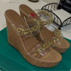 Gold Chain Clear Strap Cork Wedges